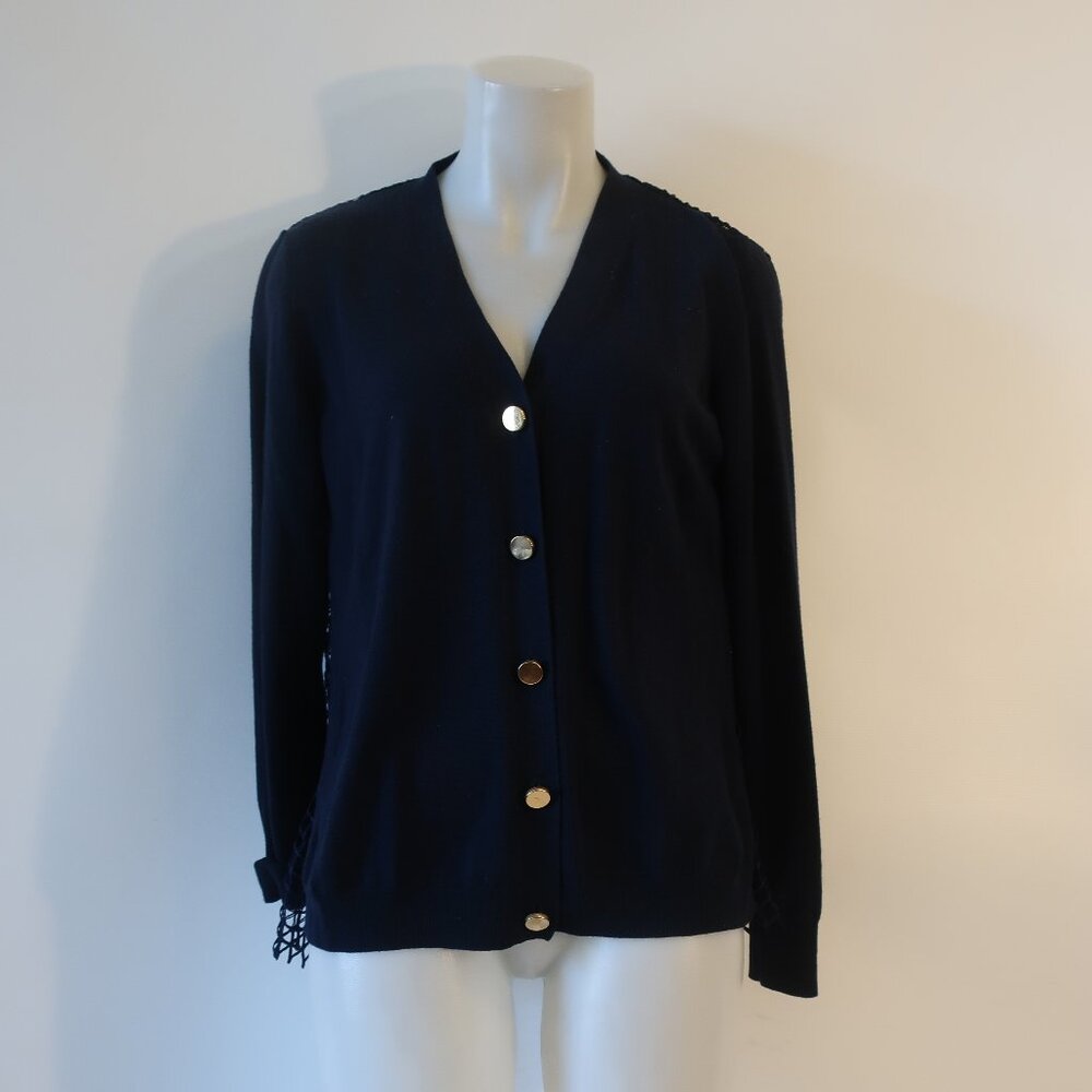 Womens Adam Lippes 100% Wool Navy Blue Button Down Cardigan Sweater W/Netting L